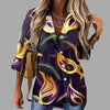 🎭 Mardi Gras Women's V-Neck Long Sleeve Carnival Print Shirt by FitiqueFit