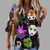 🎭 Mardi Gras Women's V-Neck Long Sleeve Carnival Print Shirt by FitiqueFit