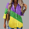 🎭 Mardi Gras Women's V-Neck Long Sleeve Carnival Print Shirt by FitiqueFit