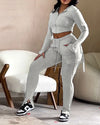Womens Two Piece Casual Skinny Zipper Design Long Sleeve Crop Hoodie and Drawstring V-cut Waistline Joggers Sweatpants Set