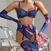 Ellolace Tie Dye Lingerie With Stocking Sleeve Sexy Fancy Underwear 5-Piece Uncensored Intimate See Through Mesh Sensual Outfits
