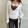 Ladies Yoga Workout Blouses Cross Wrap Tie Crop Tops Fashion Long Sleeve Deep V Neck Solid Color Slim Fit T-Shirts