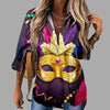 🎭 Mardi Gras Women's V-Neck Long Sleeve Carnival Print Shirt by FitiqueFit