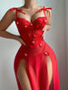 Ellolace Valentine Romantic Sexy Dress Lingerie Ultra Hot High Split Long Dress Fancy Applique FloralLove Red Hot Nightdress