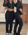 Womens Two Piece Casual Skinny Zipper Design Long Sleeve Crop Hoodie and Drawstring V-cut Waistline Joggers Sweatpants Set