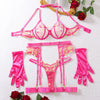 Ellolace Luxury Erotic Lingerie Neon Pink Heart-Shaped Lace See Through Matching Underwear Fantasy Naked Bilizna Set With Gloves