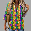 🎭 Mardi Gras Women's V-Neck Long Sleeve Carnival Print Shirt by FitiqueFit