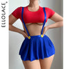 Ellolace Cosplay Sexy Lingerie Outfits Tight Crop Top Showing Half Ball Pleated Skirt with Shoulder Straps Thongs 3-Piece