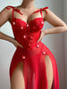 Ellolace Valentine Romantic Sexy Dress Lingerie Ultra Hot High Split Long Dress Fancy Applique FloralLove Red Hot Nightdress
