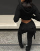 Womens Two Piece Casual Skinny Zipper Design Long Sleeve Crop Hoodie and Drawstring V-cut Waistline Joggers Sweatpants Set
