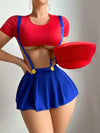 Ellolace Cosplay Sexy Lingerie Outfits Tight Crop Top Showing Half Ball Pleated Skirt with Shoulder Straps Thongs 3-Piece