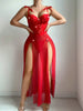 Ellolace Valentine Romantic Sexy Dress Lingerie Ultra Hot High Split Long Dress Fancy Applique FloralLove Red Hot Nightdress