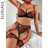 Ellolace Sexy Floral Lingerie Woman Fancy Underwear 5-Piece Peekaboo Bra Onlyfans Kit Garter Belt Exotic Sets