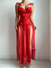 Ellolace Valentine Romantic Sexy Dress Lingerie Ultra Hot High Split Long Dress Fancy Applique FloralLove Red Hot Nightdress