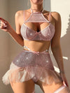 Ellolace Sequin Lingerie 5-Piece Sparkly Sissy Garter Fancy Underwear Luxury Lace Halter Balcony Bra Pure Desire Exotic Sets