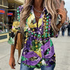 🎭 Mardi Gras Women's V-Neck Long Sleeve Carnival Print Shirt by FitiqueFit