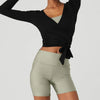 Ladies Yoga Workout Blouses Cross Wrap Tie Crop Tops Fashion Long Sleeve Deep V Neck Solid Color Slim Fit T-Shirts
