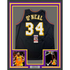 Framed Autographed/Signed Shaquille Shaq O'Neal 35x39 Los Angeles LA Black Basketball Jersey JSA COA