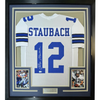 Framed Autographed/Signed Roger Staubach 35x39 Dallas White Football Jersey Beckett BAS COA by Hall of Fame Sports Memorabilia