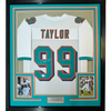 Framed Autographed/Signed Jason Taylor 35x39 Miami White Football Jersey Beckett BAS COA