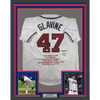 Framed Autographed/Signed Tom Glavine 35x39 Atlanta White Stat Baseball Jersey JSA COA by Hall of Fame Sports Memorabilia