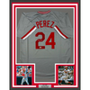 Framed Autographed/Signed Tony Perez 35x39 Cincinnati Grey Baseball Jersey Beckett BAS COA