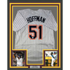 Framed Autographed/Signed Trevor Hoffman 35x39 San Diego Pinstripe Baseball Jersey Beckett BAS COA