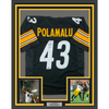 Framed Autographed/Signed Troy Polamalu 35x39 HOF 20 Pittsburgh Black Football Jersey Beckett BAS COA