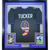 Framed Autographed/Signed Justin Tucker 35x39 Baltimore Black USA American Flag Football Jersey JSA COA