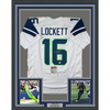 Framed Autographed/Signed Tyler Lockett 35x39 Seattle White Football Jersey JSA COA