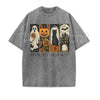 Vintage Spooky Season Four Panel T-Shirt – Retro Ghost Pumpkin Black Cat Haunted House Graphic Tee, Washed Lightweight Cotton Unisex Halloween Top