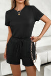 Round Neck Solid Drawstring Pockets Romper
