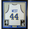 Framed Autographed/Signed Jerry West 35x39 West Virginia White College Basketball Jersey JSA COA