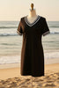 Women's Contrast-Color V-Neck A-Line Dress – Short Sleeve, Elegant, Mid-Rise by FitiqueFit