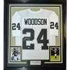 Framed Autographed/Signed Charles Woodson 35x39 Oakland White Football Jersey GTSM Holo COA