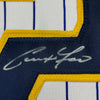 Framed Autographed/Signed Christian Yelich 35x39 Milwaukee Pinstripe Baseball Jersey JSA COA