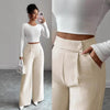 Women's High-Waist Straight-Leg Pants – Solid Color Button Detail Full Length by FitiqueFit