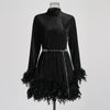 Fashion Retro Style Niche Spring Stand Collar Long Sleeve Chain Feather Dress
