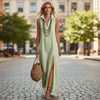 Striped Stand Collar Side-Slit Sleeveless Maxi Dress – A-Line Cami by FitiqueFit