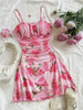 Boho Floral Spaghetti Strap Mini Dress – Ruched Ruffle Hem Vacation Sundress by FitiqueFit