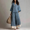 Women's Cotton-Linen V-Neck 3/4 Sleeve Shirt & Wide-Leg Pants Set by FitiqueFit