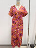 Printed V-neck Tight Short Sleeve Women's Full-length Dress