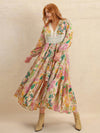 Plus Size Lace Detail Printed V-Neck Balloon Sleeve Dress