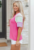 Bright Pink Twisted Ribbed Color Block Patchwork Henley Short Sleeve T Shirt by Wild and Free Boutique