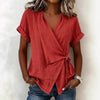 Women's Casual Lapel Collar Lace-Up Short-Sleeve Linen Top by FitiqueFit