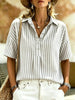 Women's Striped Short-Sleeve Shirt with Turn-Down Collar by FitiqueFit