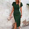 Split V-Neck Bodycon Dress – Slim Fit Short Sleeve Slit Dress by FitiqueFit