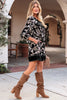 Black 3/4 Sleeve Botanical Print Split Neck Loose Mini Dress by Wild and Free Boutique
