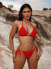 Bikini Solid Red Triangle Halter V Neck 2 Piece Swimsuit for Women – Stretchy Tie Back and Side Laced Bikini Set with Sexy Lace Up Detail – Bold Summer Swimwear for Beach Vacations Pool Parties and Sunbathing Style by Stevvex