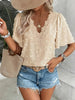 Women's V-Neck Lace-Trim Swiss Dot Short-Sleeve Top – Casual Loose Fit by FitiqueFit